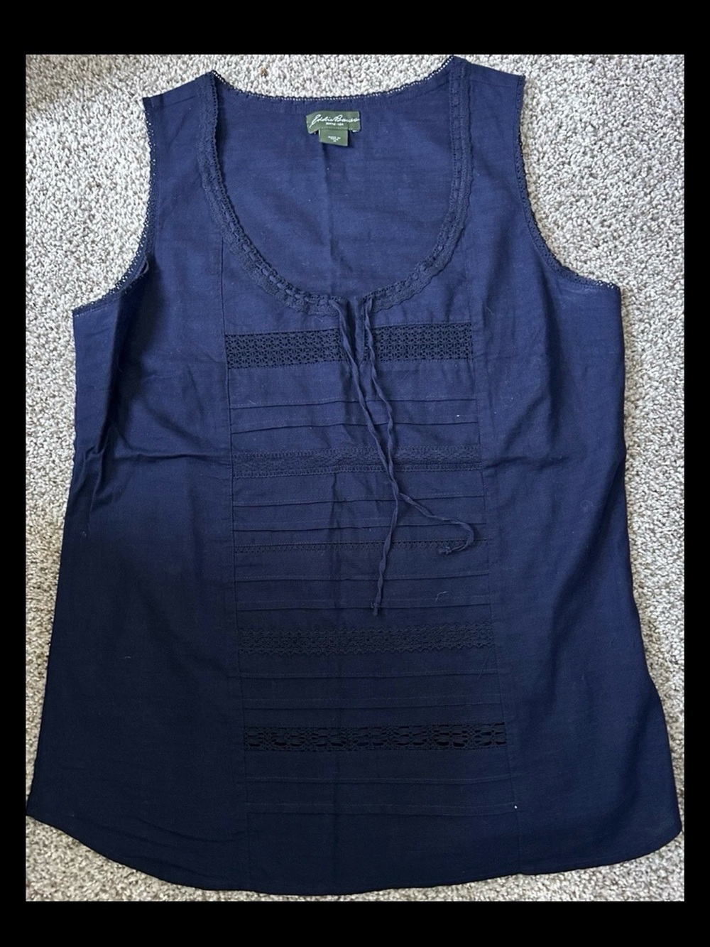 Eddie Bauer Navy Blue Tank Top Lace Trim and Pintuck Front Tie Front Gather Med